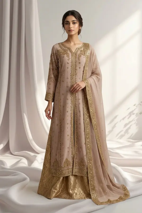 Shiffonz collection 3 piece embroidered lengha suit - Beige, XXL