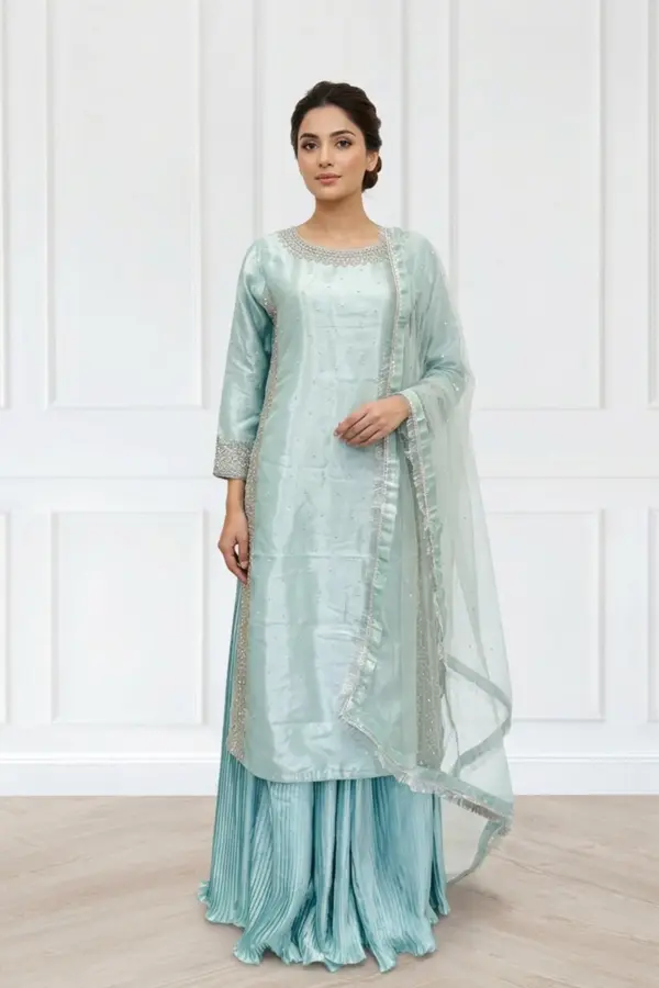 Arsh raw silk 3 piece embroidered lengha collection - SBLUE, X - Large