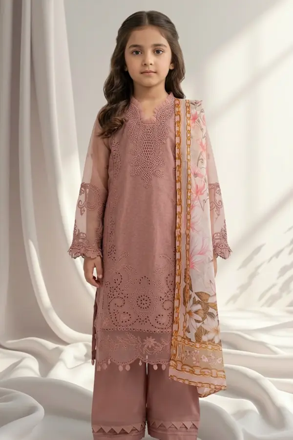 Ivana kids luxury Eid embroidered 3 piece collection - Pink, 28