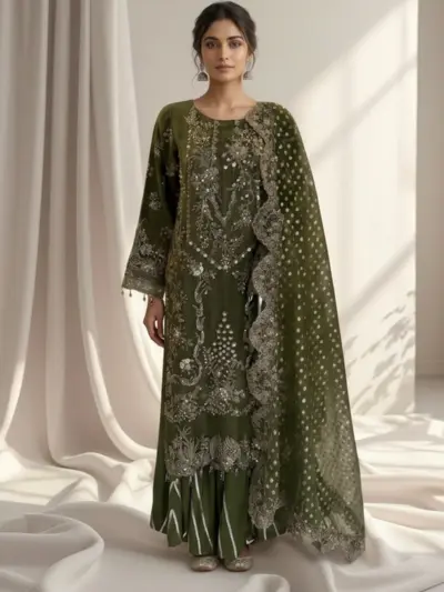 Raha 3 piece luxury embroidered plazo suit - MEHNDI, X - Large