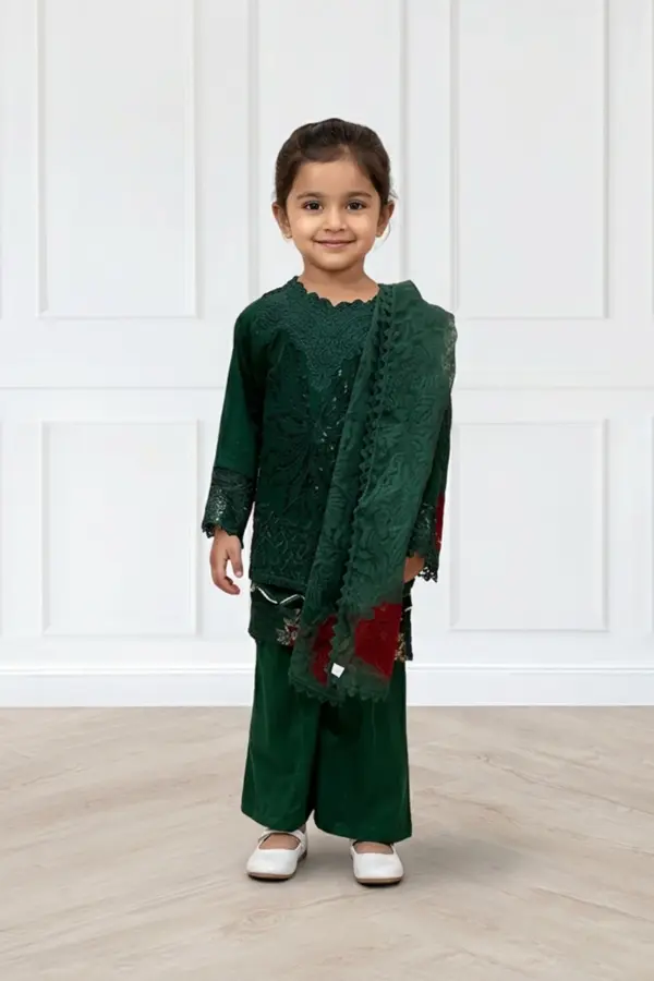 Ivana luxury collection 3 piece Eid embroidered kids suit - Green, 22
