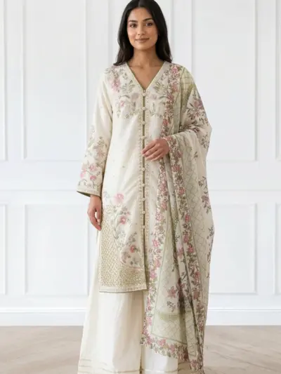 Shiffonz luxe collection 3 piece sharara suit - Cream, Small