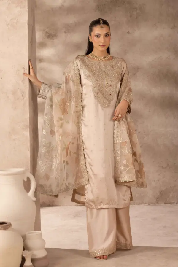 Ruby collection 3 piece embroidered plazo suit - Beige, Medium