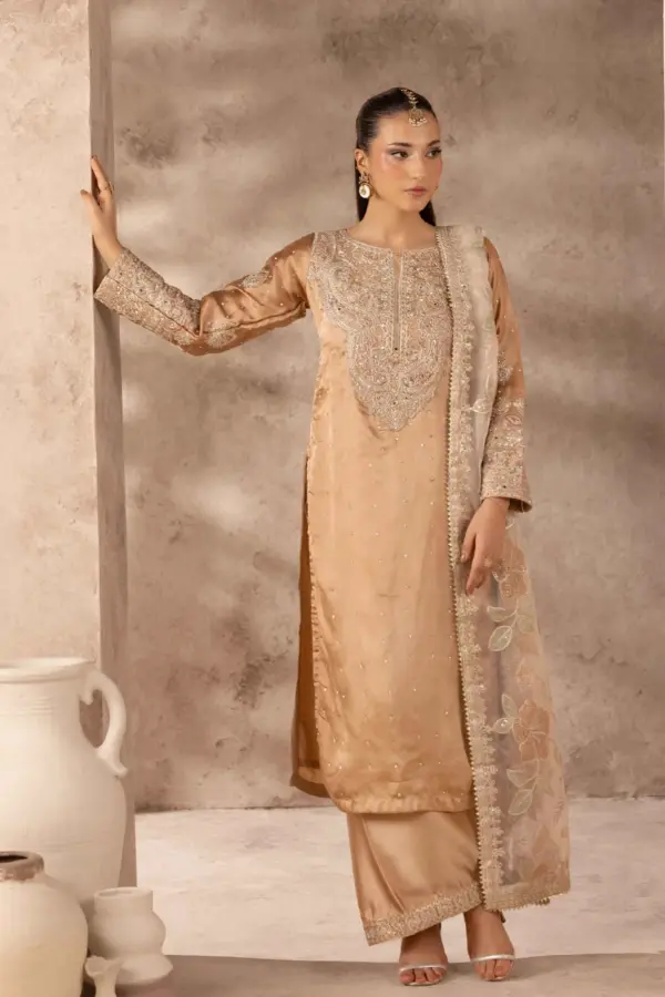 Ruby collection 3 piece embroidered plazo suit - Gold, X - Large