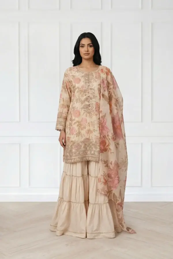 Zoya premium collection 3 piece embroidered gharara suit - Cream, X - Large