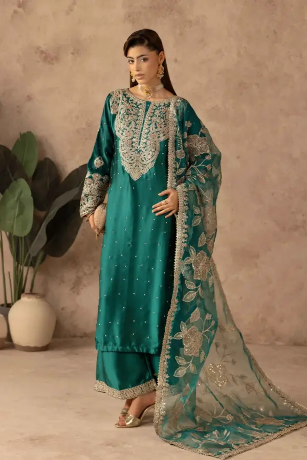 Ruby collection 3 piece embroidered plazo suit - Teal, X - Large
