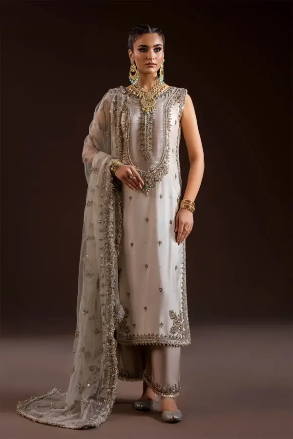 Khudabaksh livya 3 piece luxe embroidered suit - Cream, Large