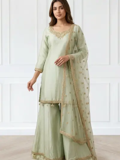Shiffonz 3 piece handwork lux embroidered sharara suit - Mint, 38