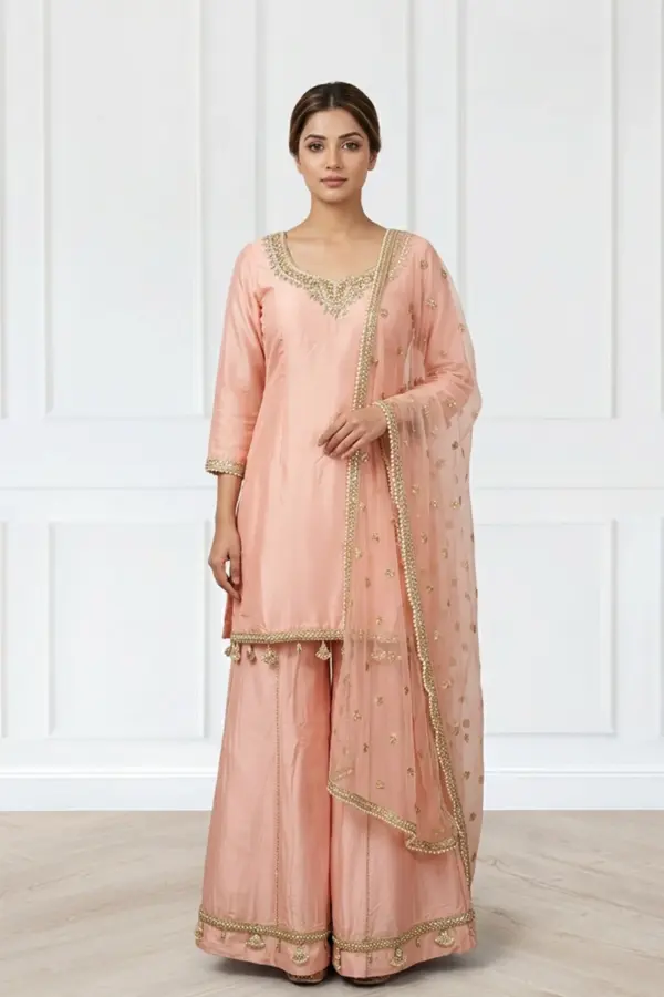 Shiffonz 3 piece handwork lux embroidered sharara suit - Pink, 38