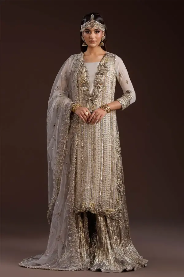 Khudabaksh 3 piece embroidered crushed sharara suit - White, X - Large