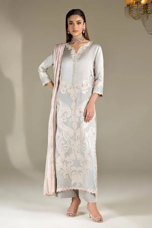 Khudabaksh 3 pece silk embroidered luxe suit - Mint, Small
