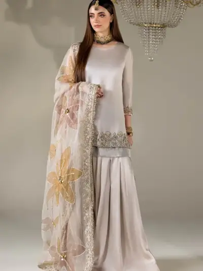 Khudabaksh 3 piece embroidered sharara suit - Grey, Large
