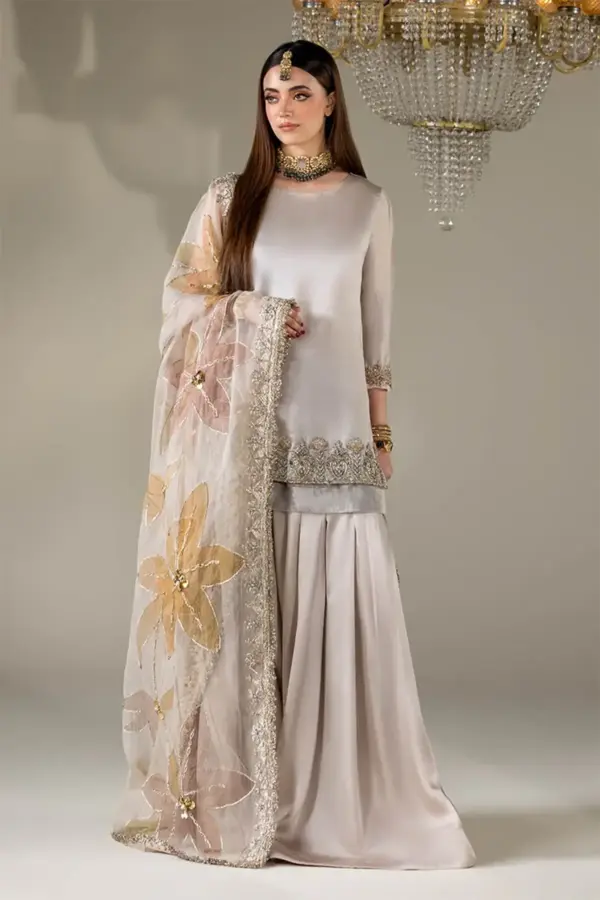 Khudabaksh 3 piece embroidered sharara suit - Grey, X - Large