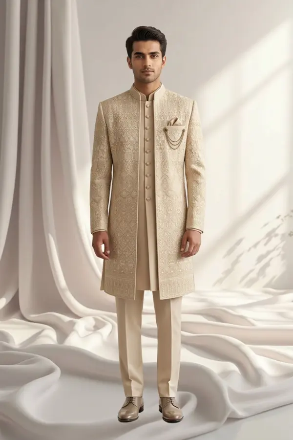 Men's luxury jacket style sherwani with trouser - Beige, 36
