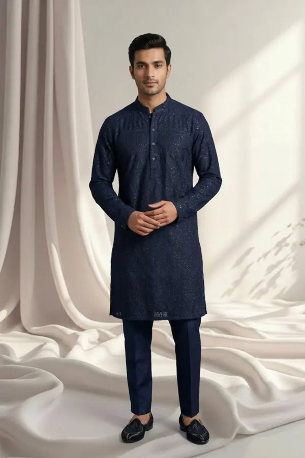Men's luxe embroidered kurta with trousers - Navy, 42