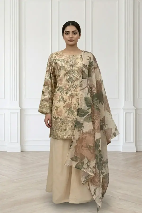 Zoya premium collection 3 piece embroidered sharara suit - Beige, X - Large