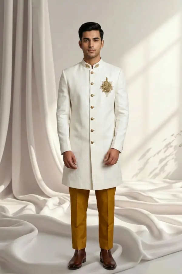 Men's luxe sherwani with contrasted trouser - Cream, 38