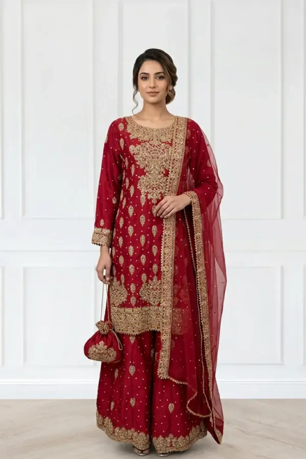 Sirra premium collection 3 piece sharara suit - Red, X - Large