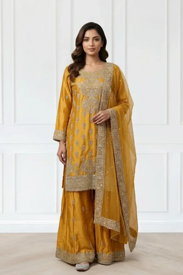 Sirra premium collection 3 piece sharara suit - Yellow, X - Large