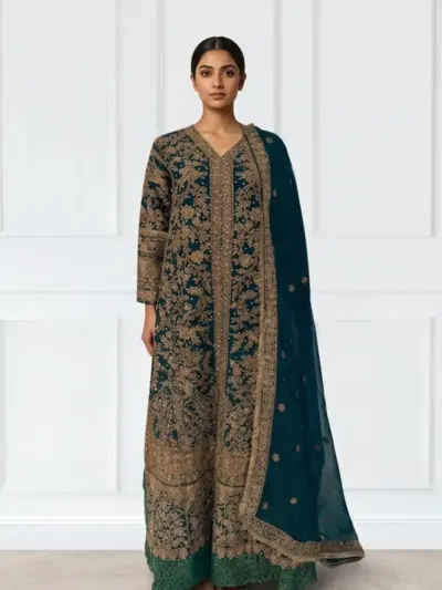 Sirra premium collection 3 piece lengha suit - Teal, Medium