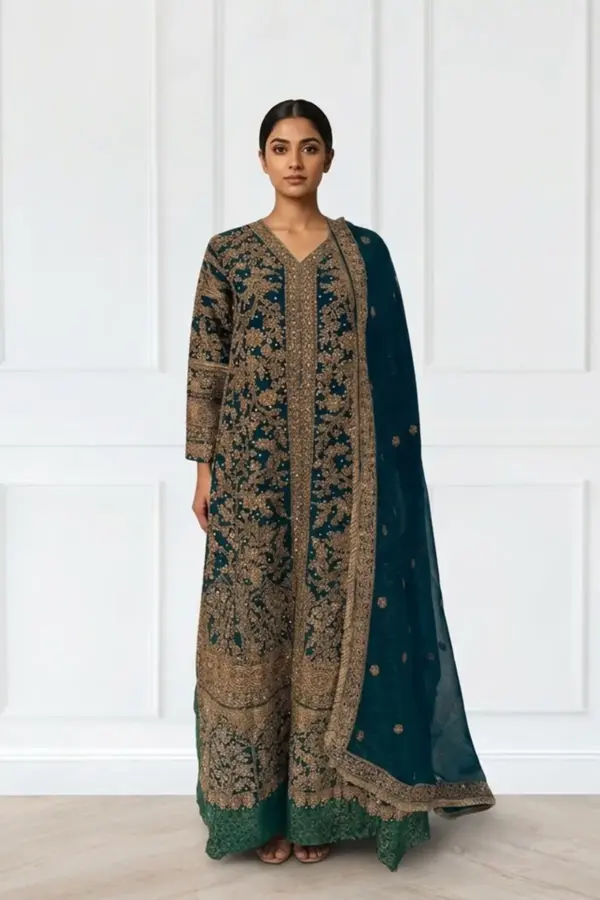 Sirra premium collection 3 piece lengha suit - Teal, X - Large