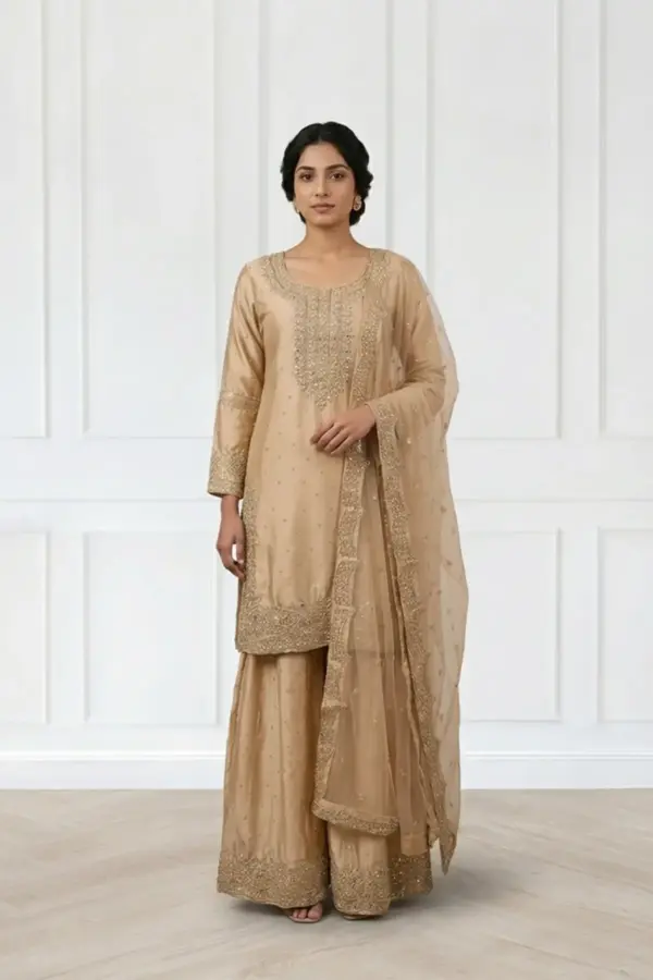 Sirra premium plazo embroidered 3 piece collection - LBROWN, X - Large