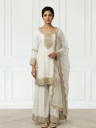 Sirra premium plazo embroidered 3 piece collection - White, Medium