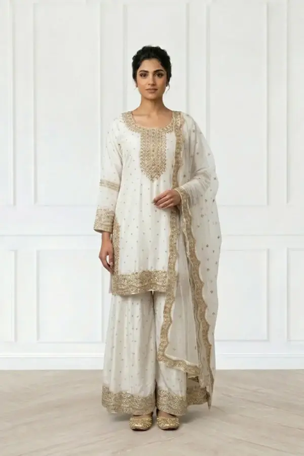 Sirra premium plazo embroidered 3 piece collection - White, X - Large