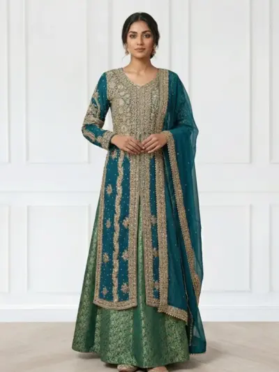 Sirra premium collection 3 piece lengha suit - Green, Medium