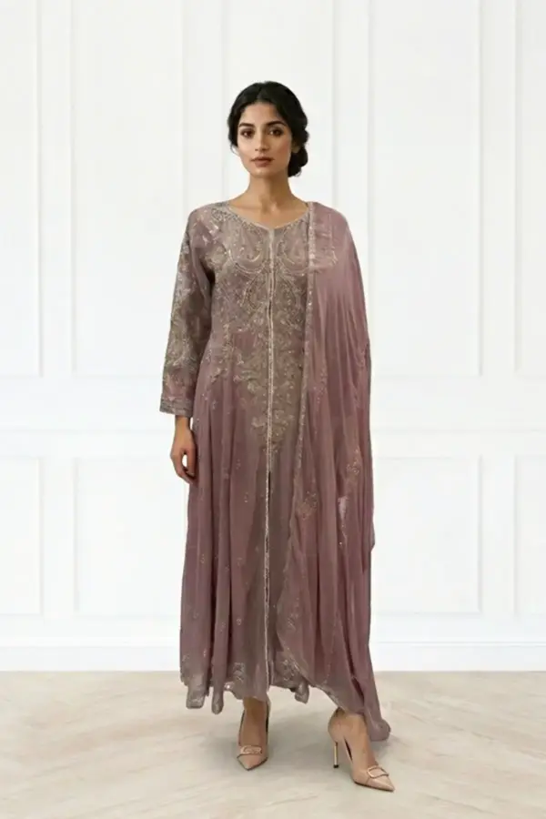 Ruksat 3 piece embroidered long dress - Lilac, Large
