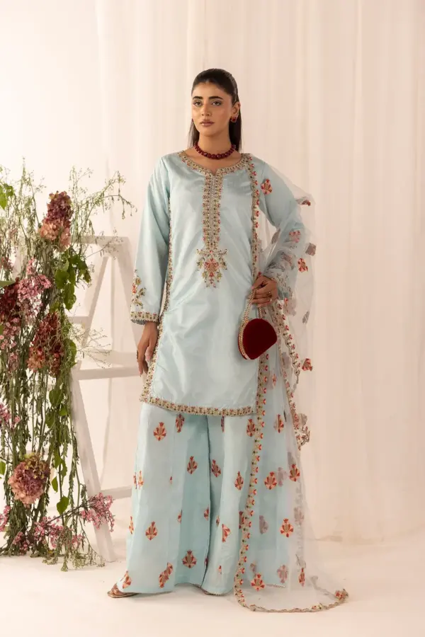 3 Piece mother and daughter embroidered collection - Blue, X - Large