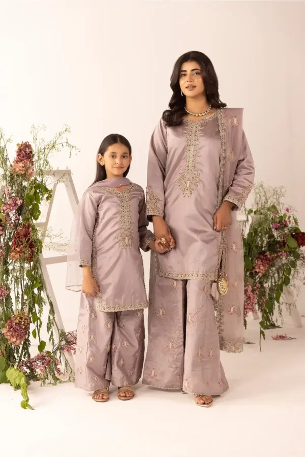 Kids 3 piece mother and daughter raw silk collection - Lilac, 22