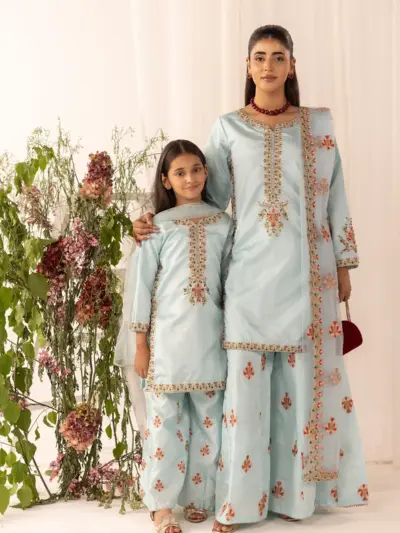 Kids 3 piece mother and daughter raw silk collection - Blue, 28