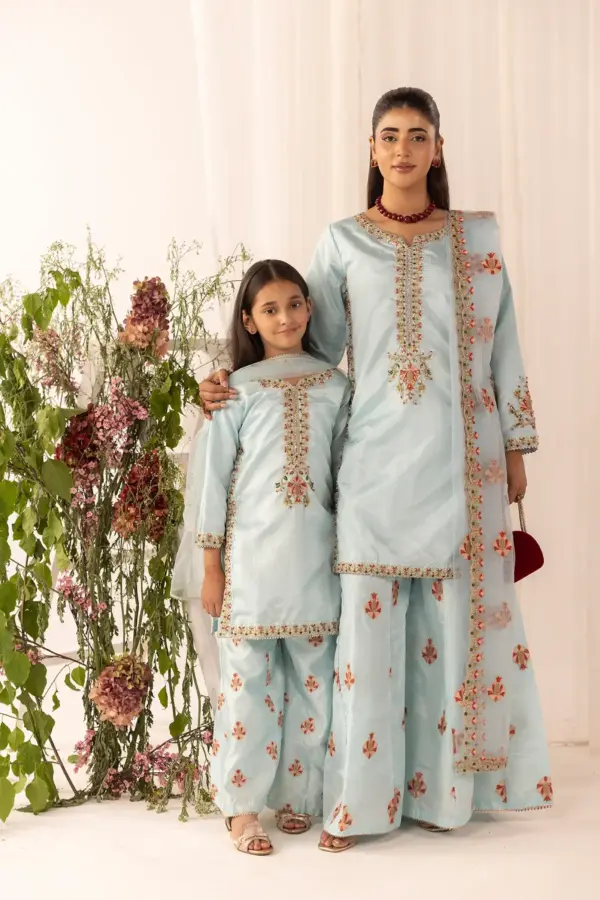 Kids 3 piece mother and daughter raw silk collection - Blue, 22