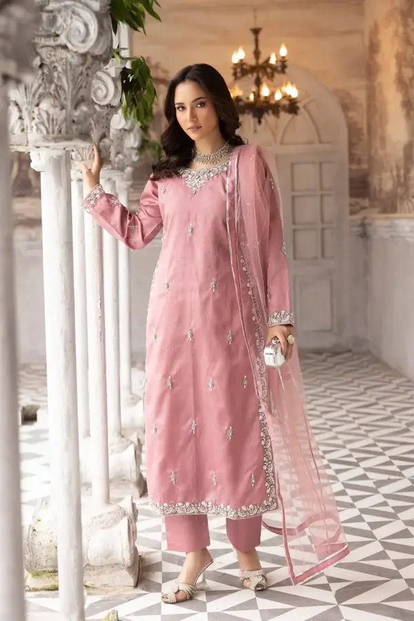 Shiffonz 3 piece raw silk embroidered collection - DTPINK, X - Large