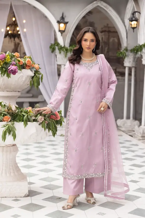 Shiffonz 3 piece raw silk embroidered collection - Lilac, X - Large