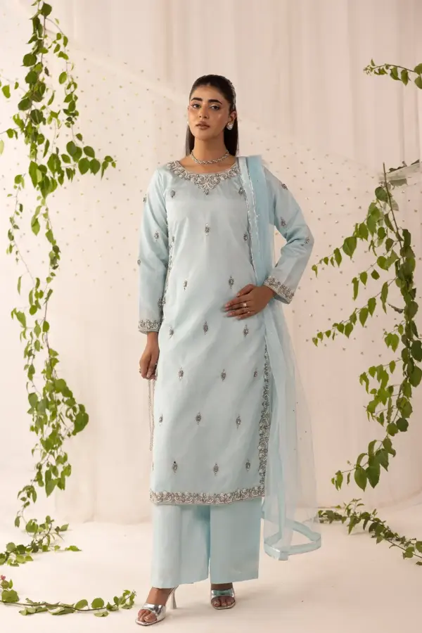 Shiffonz 3 piece raw silk embroidered collection - Blue, X - Large