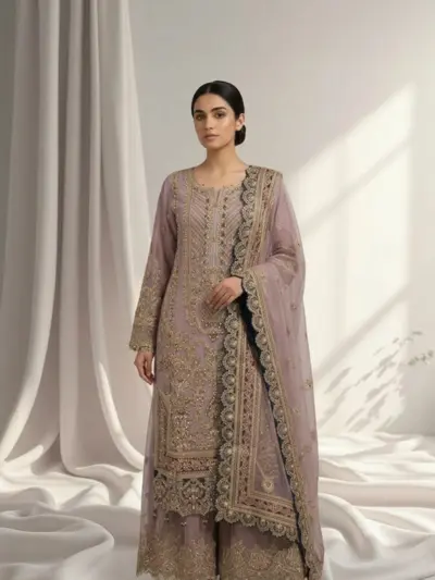 Imrozia luxe embroidered 3 piece sharara suit - Lilac, Medium