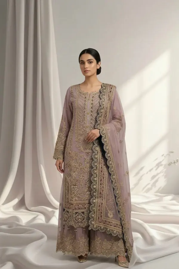 Imrozia luxe embroidered 3 piece sharara suit - Lilac, X - Large