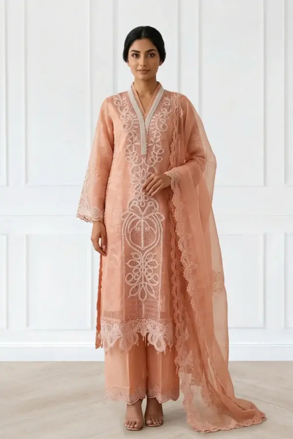 Shiffonz luxe embroidered 3 piece suit - Peach, X - Large