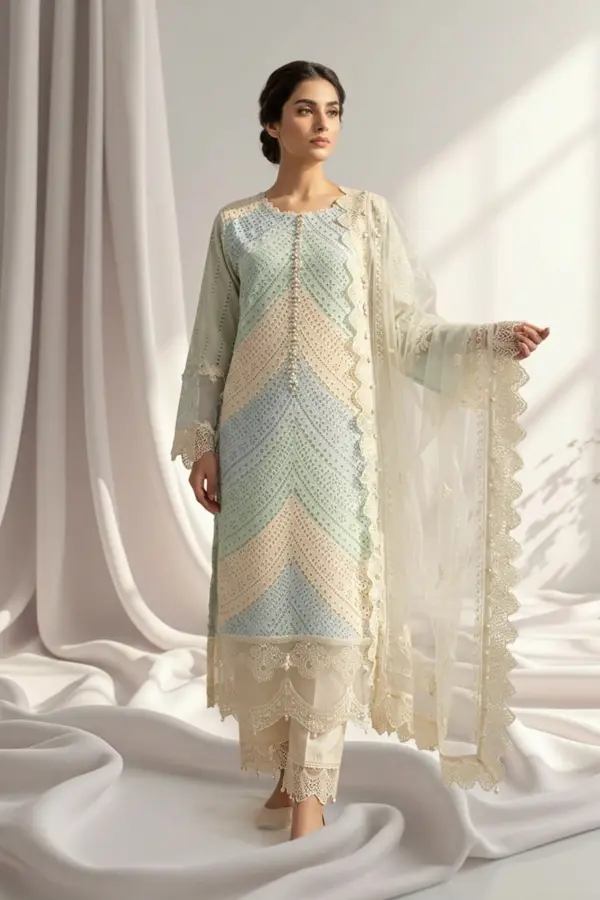 Shiffonz chikenkari 3 piece luxe embroidered suit - Cream, X - Large