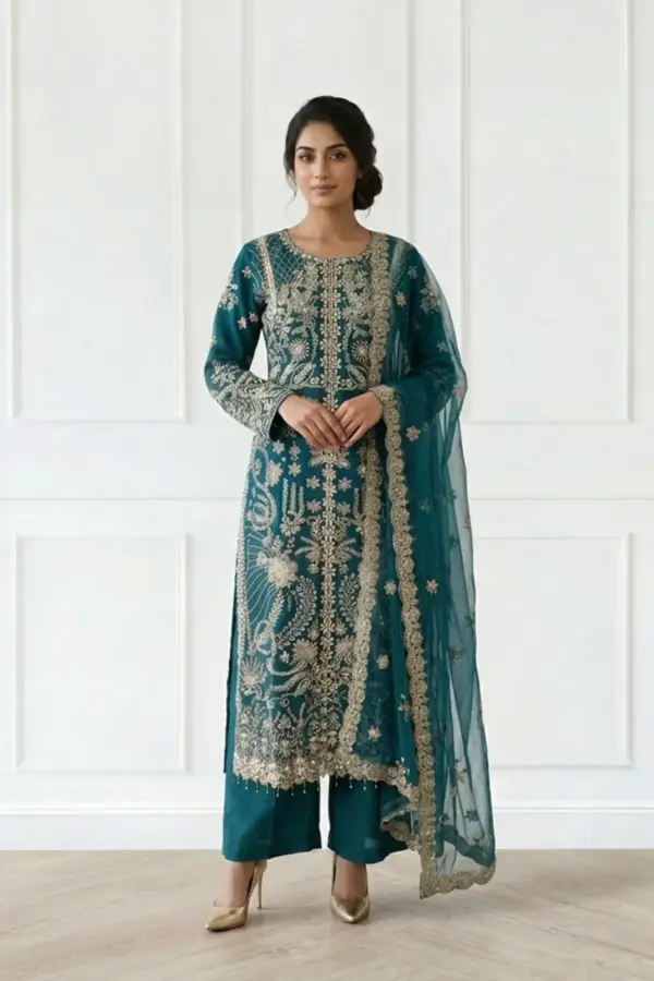 Shiffonz luxe embroidered 3 piece trouser suit - Teal, X - Large