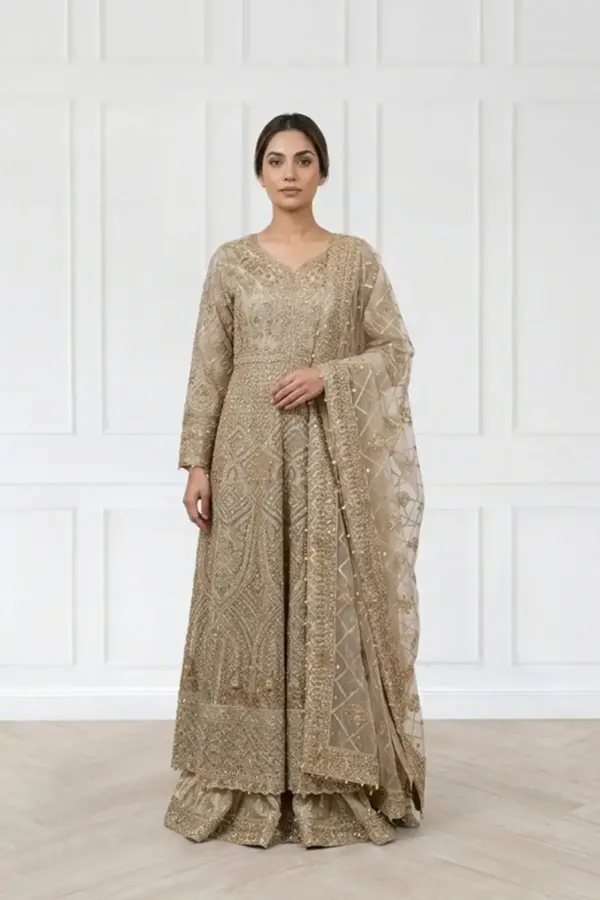 Iqra premium collection 3 piece plazo suit - Khakhi, X - Large