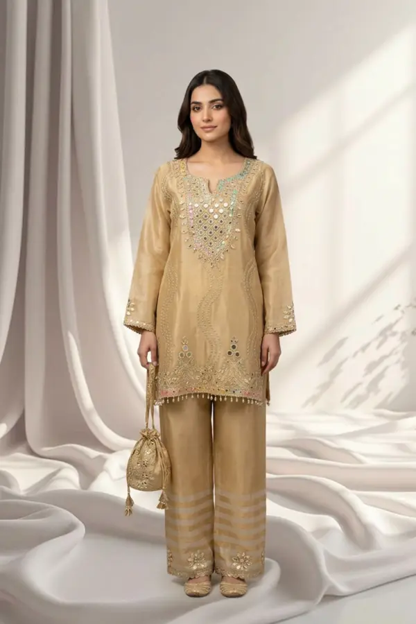 Mirror embellished co-ord set with potli bag - Gold, 44