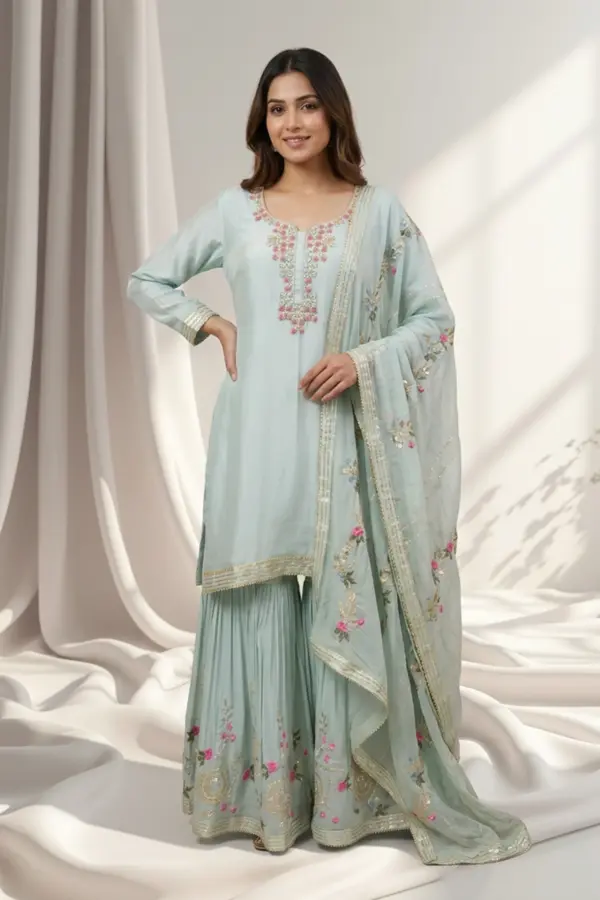 Shiffonz 3 piece luxe gharara embroidered suit - Mint, 42