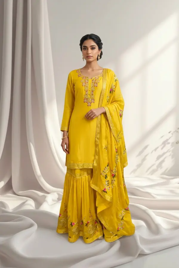 Shiffonz 3 piece luxe gharara embroidered suit - Yellow, 42