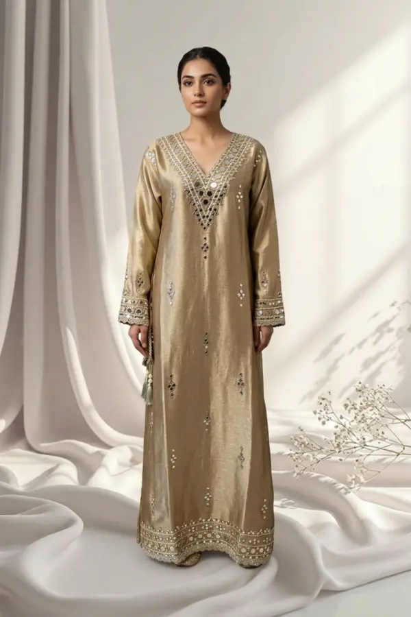 Shiffonz long luxe embroidered kaftan suit - Beige, 44
