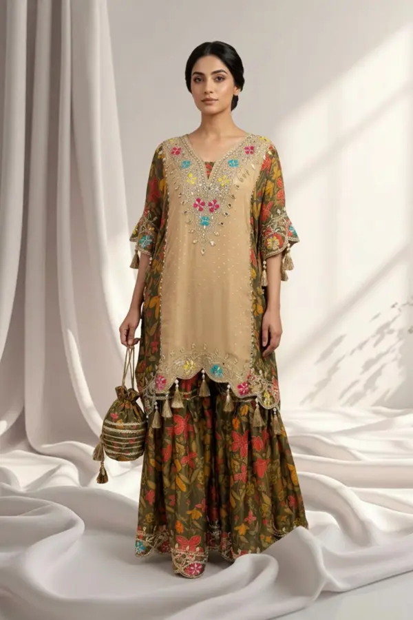 Shiffonz luxe kaftan collection with gharara - Beige, FS