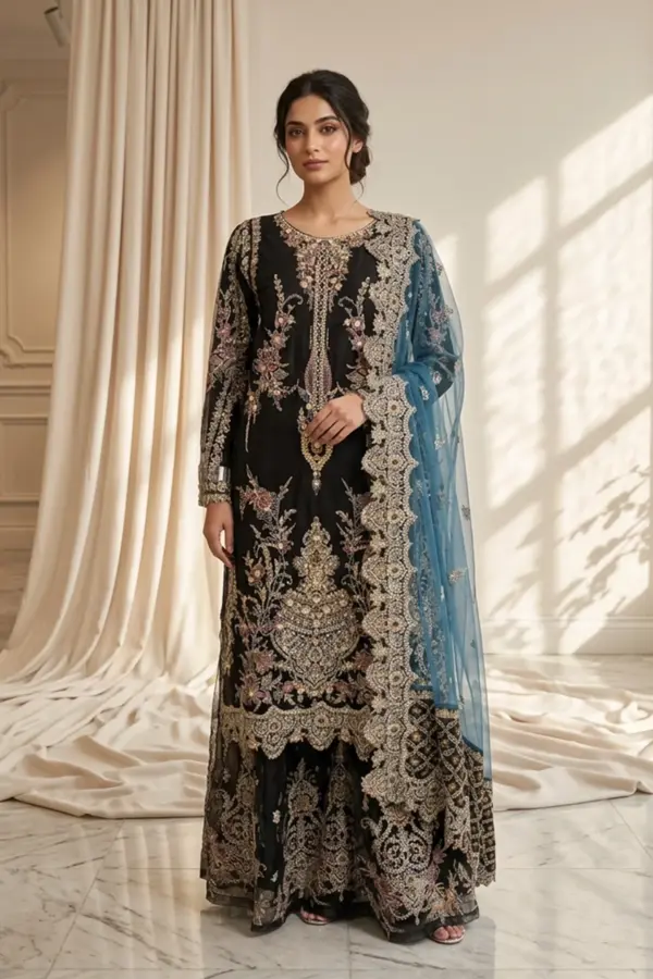 Shiffonz lux 3 piece net sharara embroidered suit - Black, Large