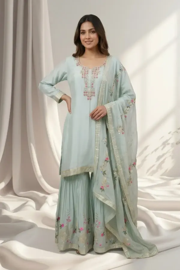 Shiffonz 3 piece luxe gharara embroidered suit - Mint, 36